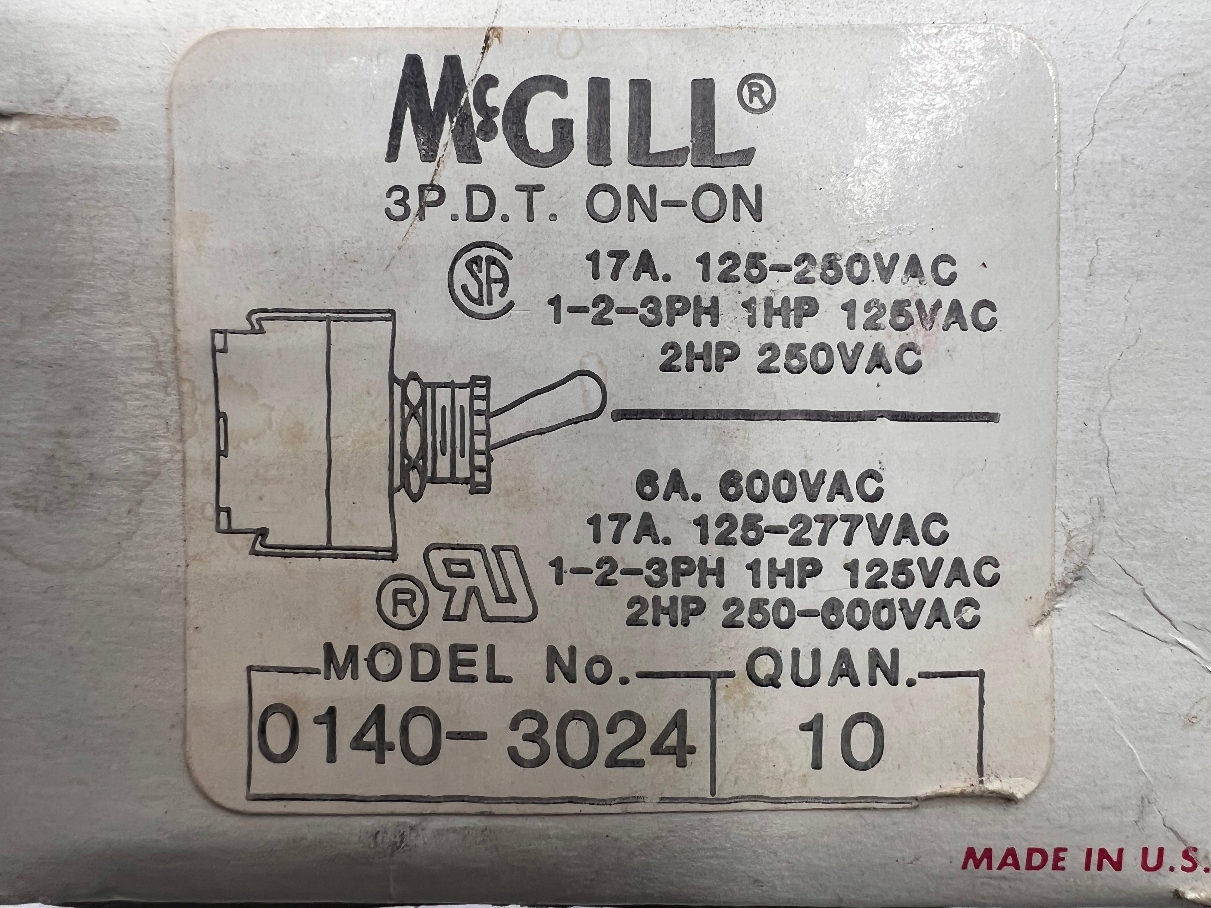 McGill 3Phase 2 Position Toggle Switch 3PDT 600VAC/6A 125277VAC/17A