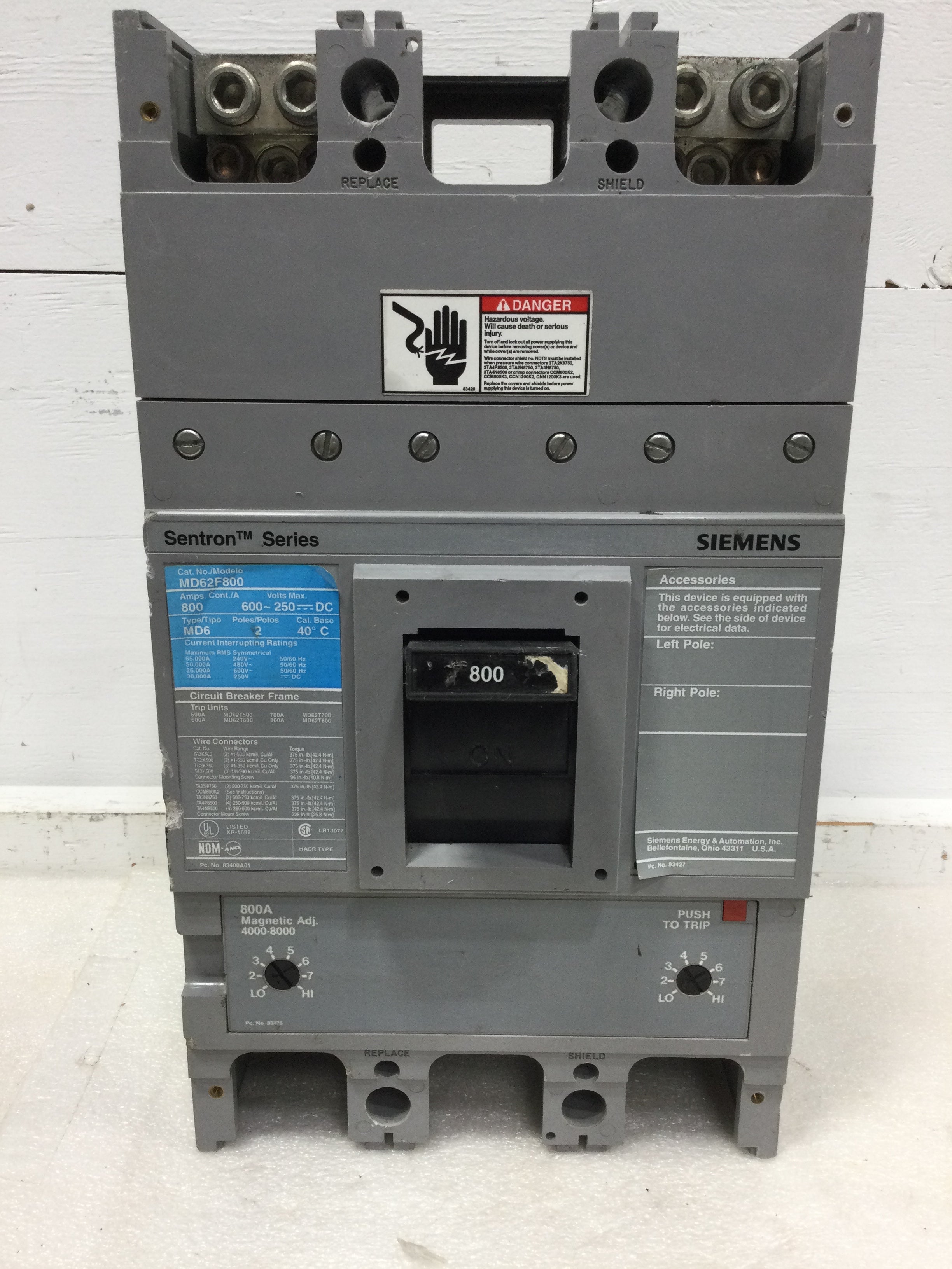 Siemens ITE Sentron MD62F800 800 Amp 2 Pole 600AC 250DC MD6 Circuit Br