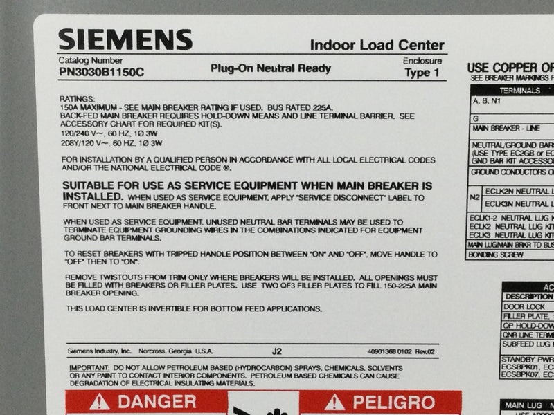 Siemens PN3030B1150C PN Series 150 Amp 30 Circuit Main Breaker Plug-on Neutral Load Center Indoor with Copper Bus