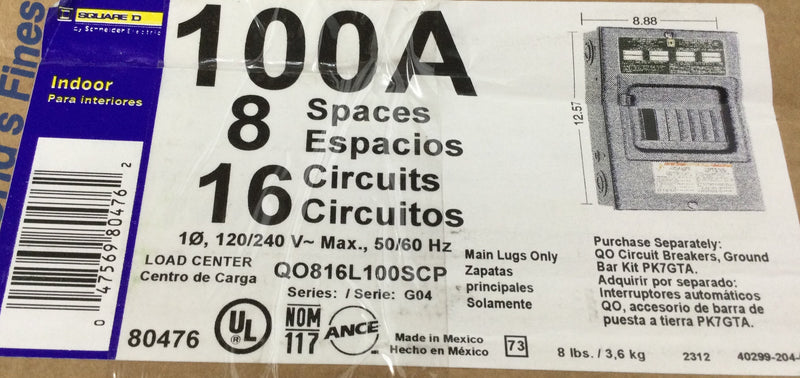Square D QO816L100SCP 100 Amp 8-Space 16-Circuit NEMA 1 Indoor Surface Mount Main Lug Load Center