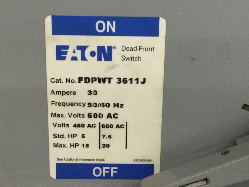 Eaton FDPWT 3611J Twin Fusible Selector Switch 30A/600VAC 20Hp Max Type J Fuses
