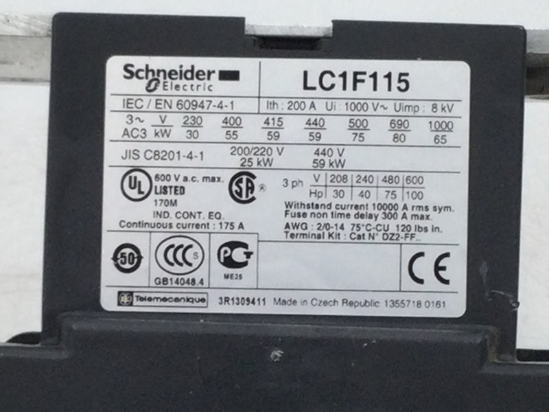 Schneider Electric LC1F115 IEC Magnetic Contactor, 3 Poles, 24 to 575V AC, 115 a, Reversing: No Coil, 115A, 1NO, DIN Rail, TeSys F Series