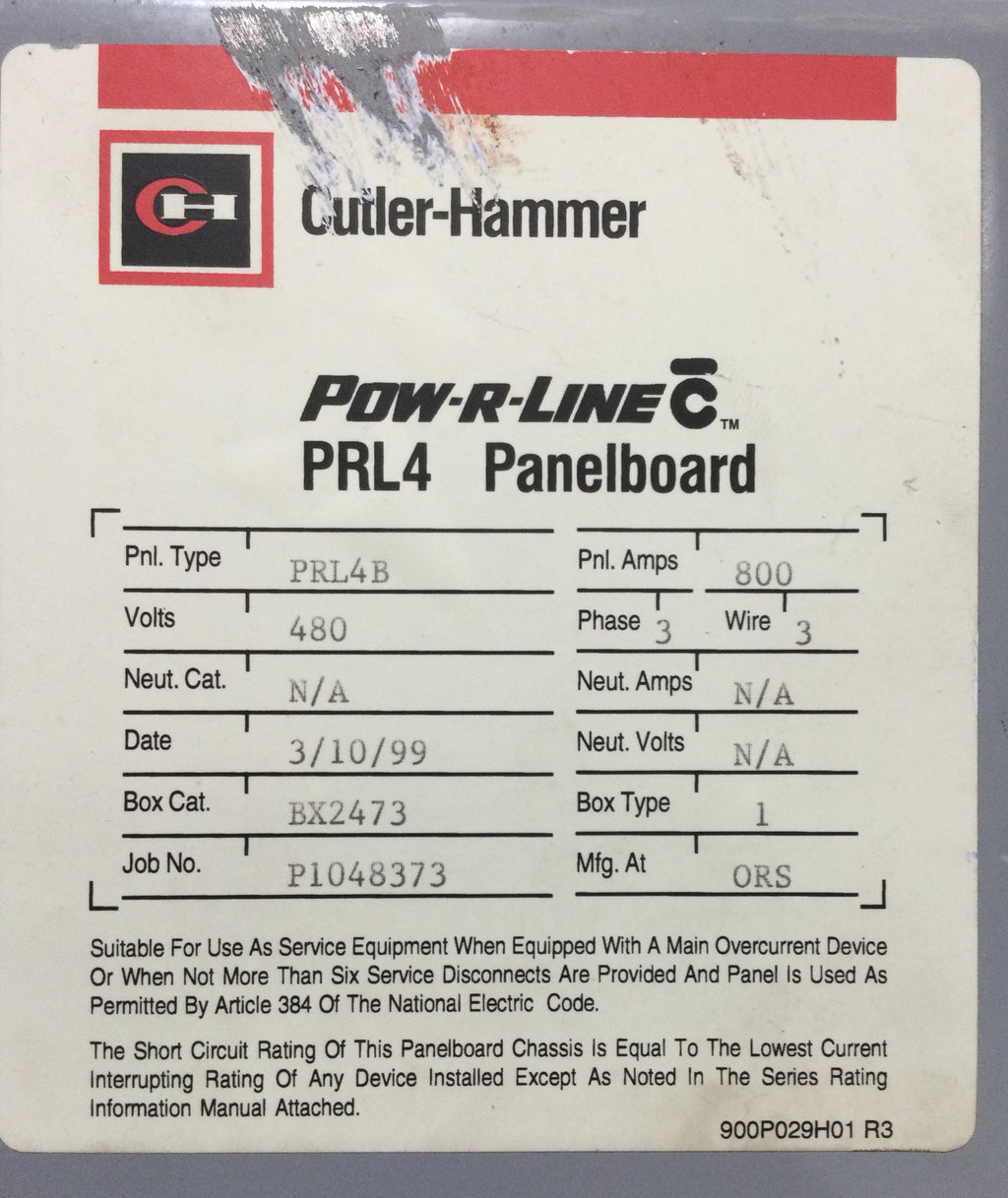 Eaton Cutler Hammer PRL4B 800 Amp 480v 480/277v, 120/240v Panelboard N