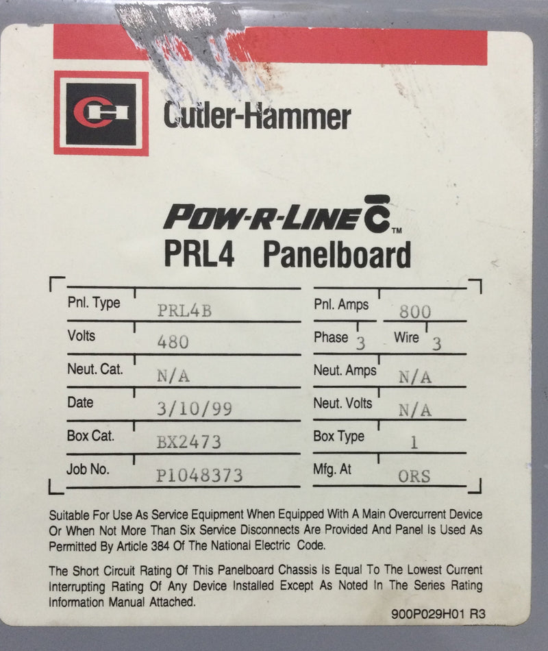 Eaton Cutler Hammer PRL4B 800 Amp 600v 480/277v, 120/240v Panelboard Nema1 MLO