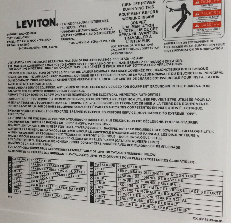 Leviton LP320-BPD 200 Amp 120/240 V  30 Space Nema 1 Indoor Load Center Main Breaker with Cover - White Powder Coated