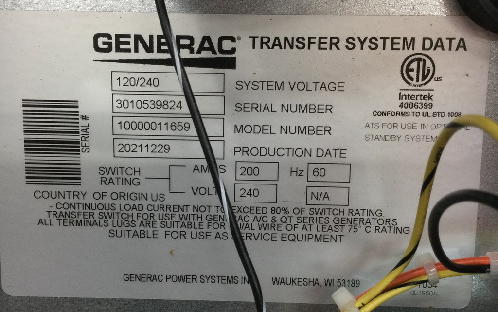 Generac 10000011659 200 Amp 240V Automatic Transfer Switch Single Phas