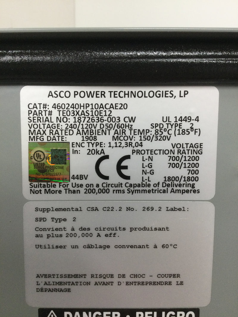 ASCO 460240HP10ACAE20 Series 400 120/240V TE03XAS10E12 Surge Protection Device