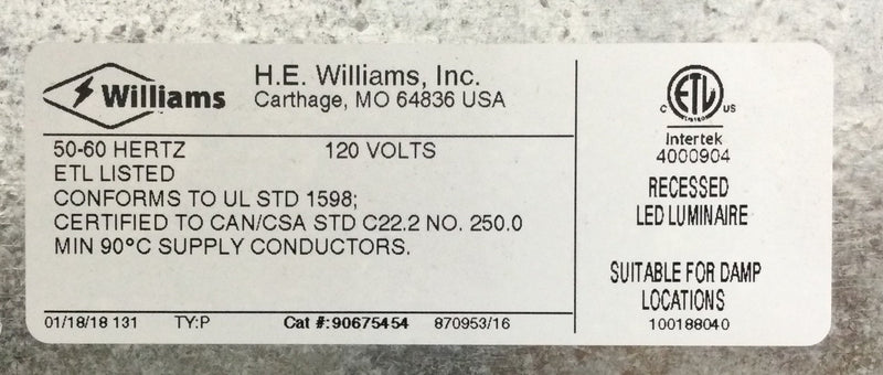 H.E.Williams Recessed LED Luminaire L45TL-llC/830-L/REFL-DRV-120 with Optotronic OT25W/PRG/1250C/UNV/DIM 25 W LED Power Supply