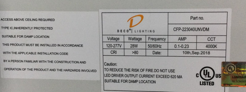 DECO Lighting CFP-223040UNVDM 2x2 LED Contractor Flat Panel, 30 Watt, 3400 Lumen, 4000 Kelvin, 2ft x 2ft, DLC Premium