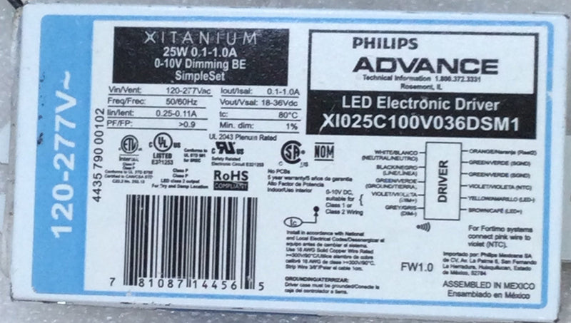 Phillips ADVANCE LED Electronic Driver XI025C100V036DSM1M XITANIUM 25W 1.0A 36V 0-10V SSET 1% BE