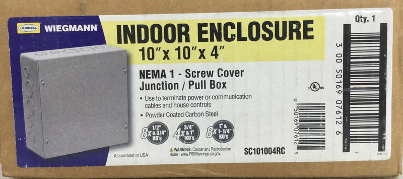 Hubbell Wiegmann SC101004RC 10" x 10" x 4" NEMA1 Screw Cover Junction/ Pull Box