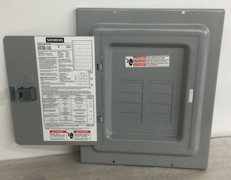 Siemens E0816ML1125F E0816ML1125S  125 Amp 120/240V 1 Phase 3 Wire 8 Space Indoor Load Center Cover