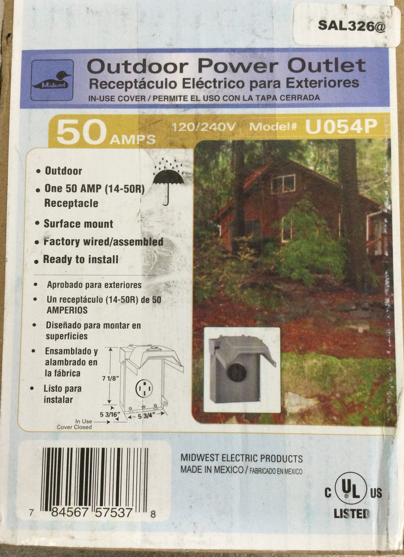Midwest Outdoor Power Outlet 50 Amps U054P Receptacle 120/240V Surface Mount