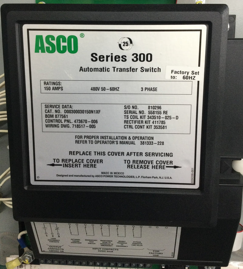 Asco Series 300 automatic transfer switch, 150 Amp, 480V 50-60 Hz, 3 Phase, Type 1 Enclosure D003000030200c10c