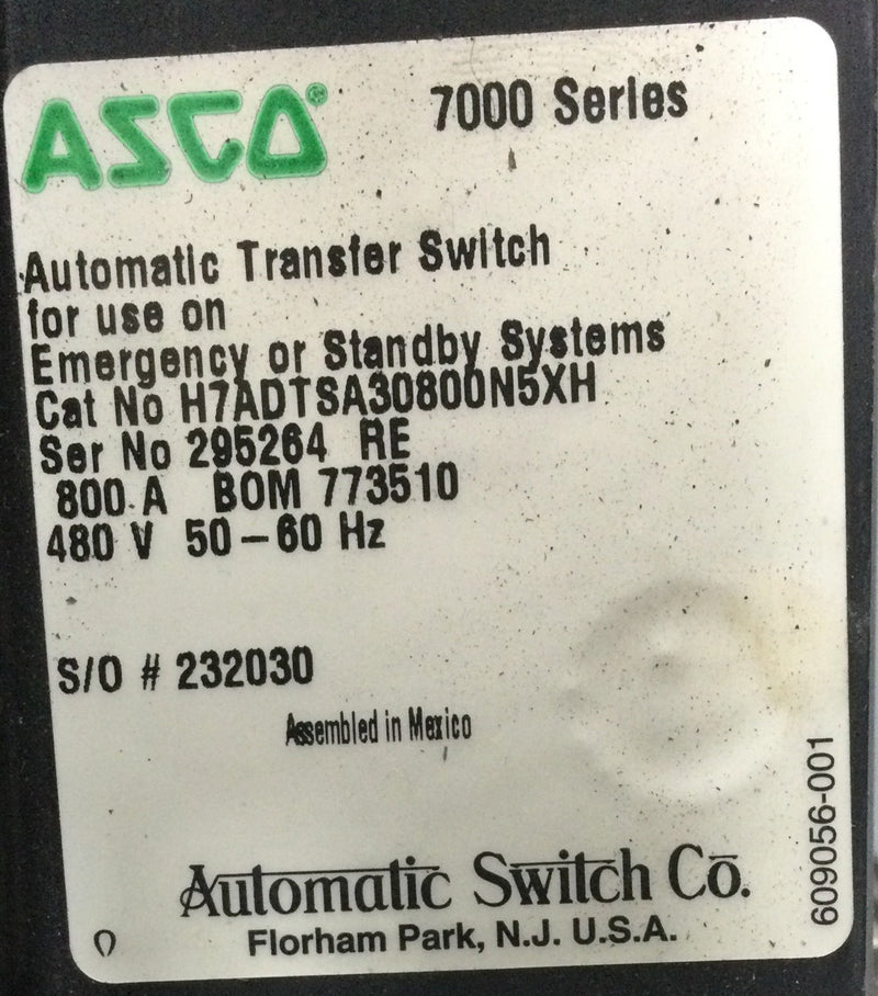 ASCO 7000 series automatic transfer switch H7ADTSA30800N5xH 800A 480V Nema 4x enclosure
