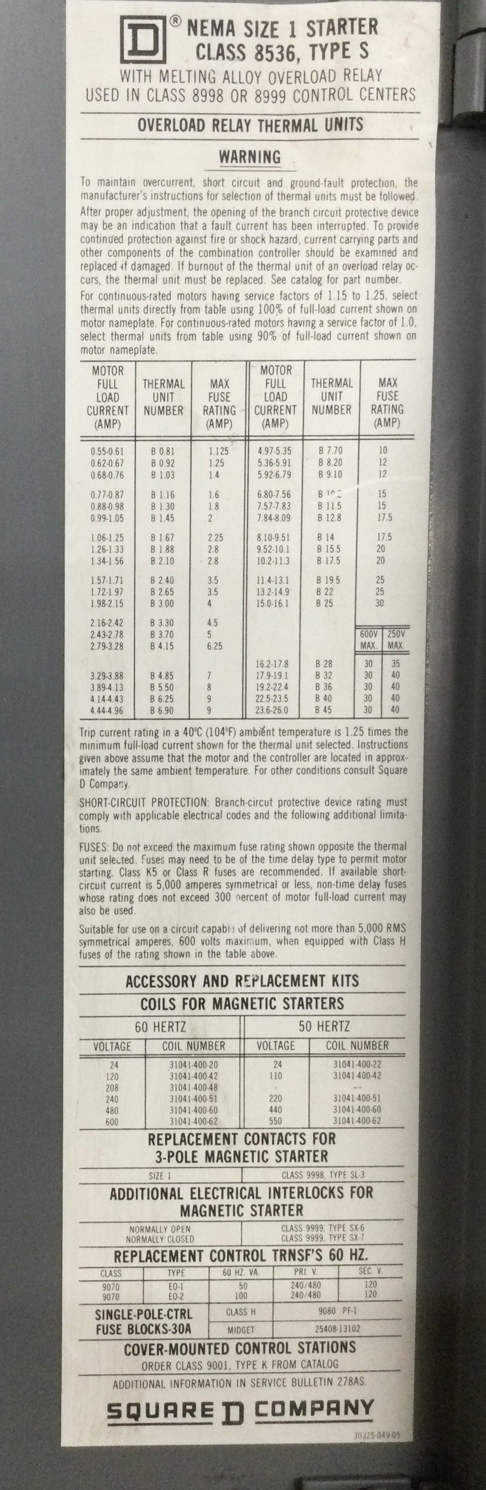 Square D Model 4 mcc Nema size 1 starter class 8536 type s with meltin