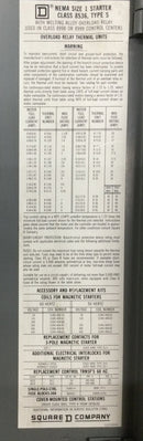 Square D Model 4 mcc Nema size 1 starter class 8536 type s with melting alloy overload relay