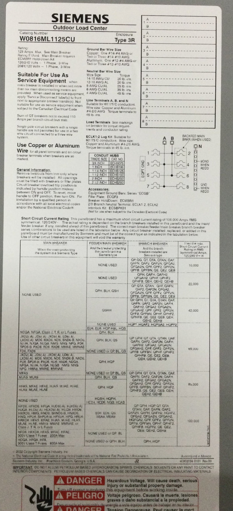 Siemens W0816ML1125CU EQ 125 Amp 8-Space 16-Circuit Main Lug NEMA 3R Outdoor Load Center