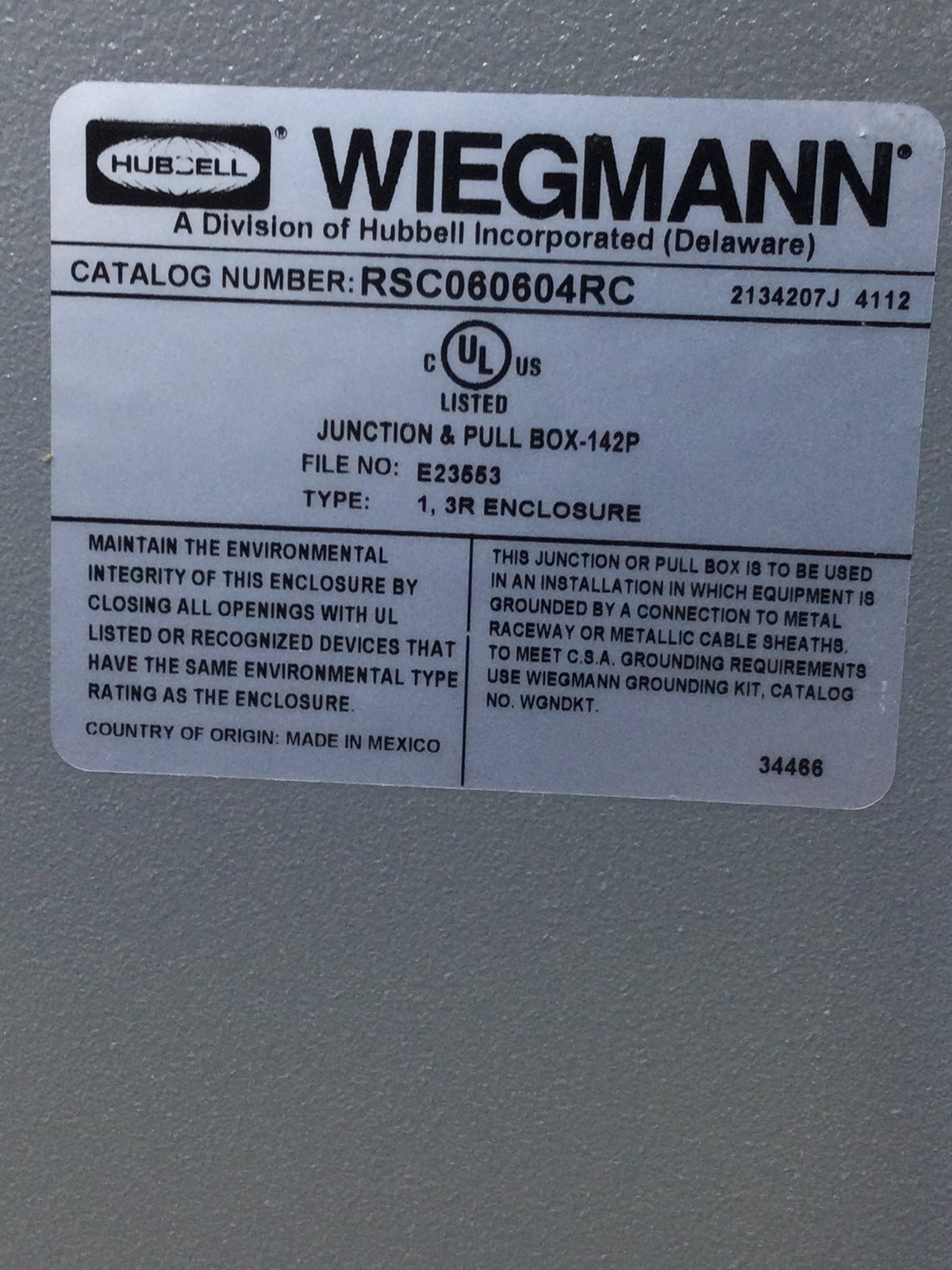 Hubbell Wiegmann RSC060604RC Outdoor Enclosure 6x6x4 NEMA 3R Screw Cov