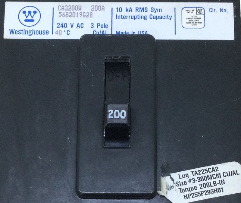Westinghouse CA3200W 200 Amp 3 Pole 240V 10kA Circuit Breaker - Cosmetic Flaw