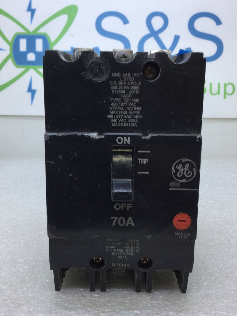 GE General Electric TEY370 3 Pole 70 Amp 480 VAC Circuit Breaker