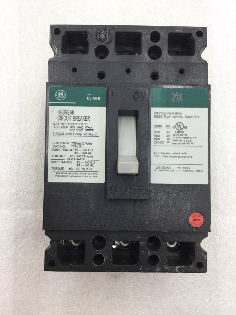 GE General Electric THED136150WL 150 Amp 3 Pole 600VAC Type THED Circuit Breaker