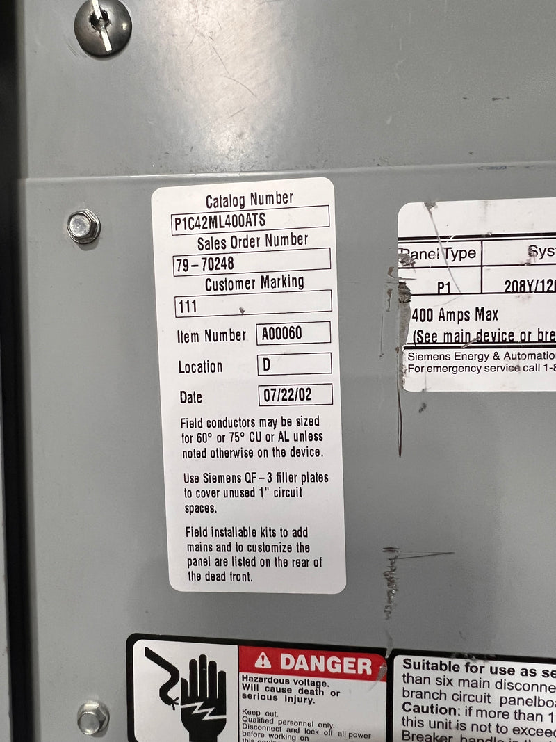 Siemens P1C42ML400ATS 400 Amp 208y/120 3ph 4w Panelboard & Deadfront
