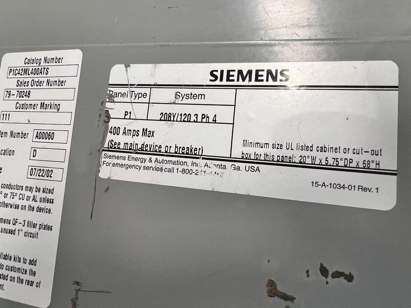 Siemens P1C42ML400ATS 400 Amp 208y/120 3ph 4w Panelboard & Deadfront