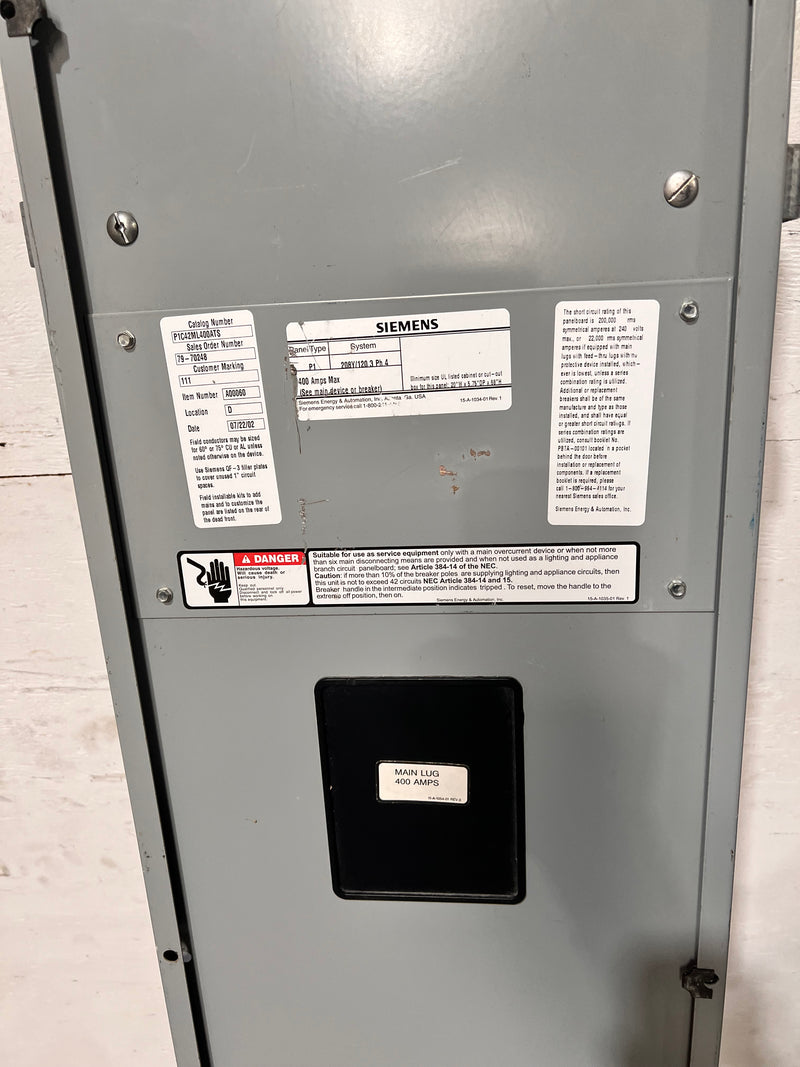 Siemens P1C42ML400ATS 400 Amp 208y/120 3ph 4w Panelboard & Deadfront