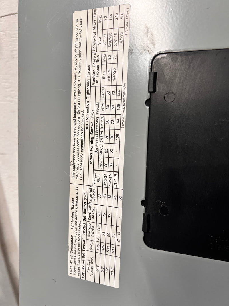 Siemens P1C42ML400ATS 400 Amp 208y/120 3ph 4w Panelboard & Deadfront