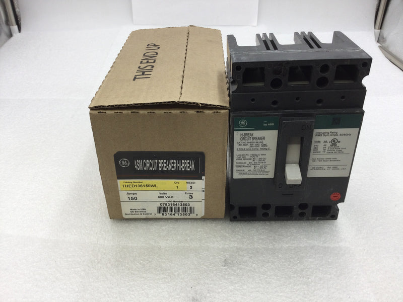 GE General Electric THED136150WL 150 Amp 3 Pole 600VAC Type THED Circuit Breaker