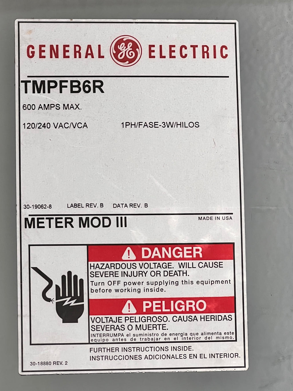 GE TMPFB6R Modular Meter Main Module 600A 120/240v 1 Phase 3 Wire