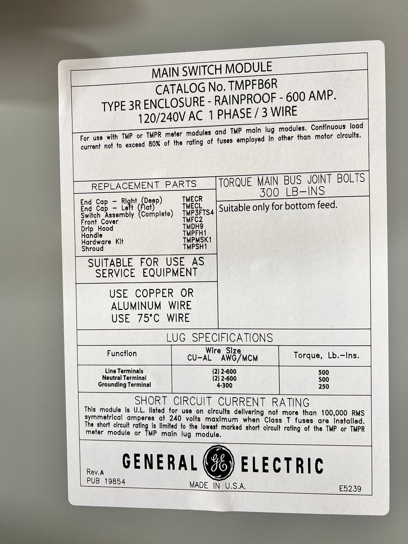 GE TMPFB6R Modular Meter Main Module 600A 120/240v 1 Phase 3 Wire