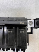 Close up view of a GE General Electric Type THQMV circuit breaker on a white background.

