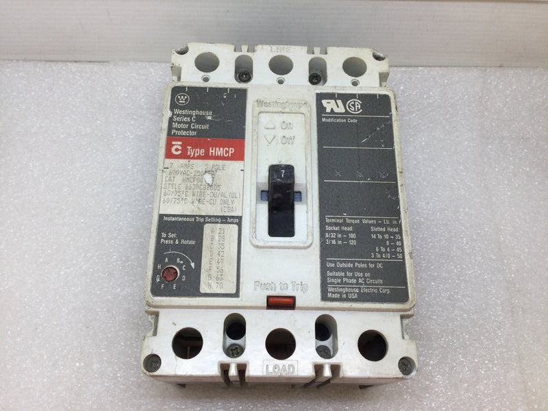 Cutler-Hammer/Westinghouse HMCP007C0C 7A 600VAC 250VDC 3 Pole Type HMCP Circuit Breaker