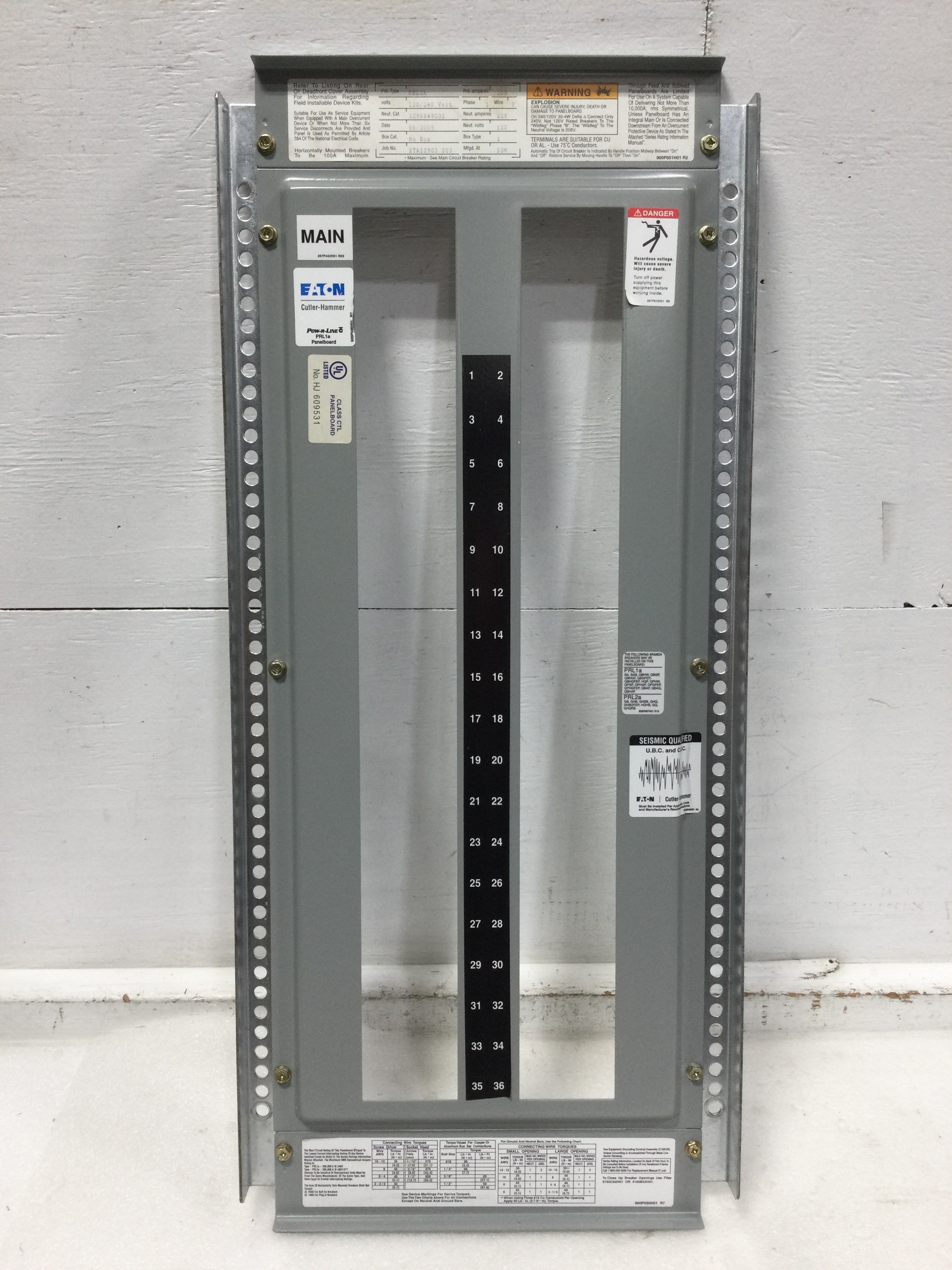 Dead Front Panel Label Eaton 1C96649G02 PRL1a 225 Amp 36 Space 120/240V Panel Dead Front 27 1