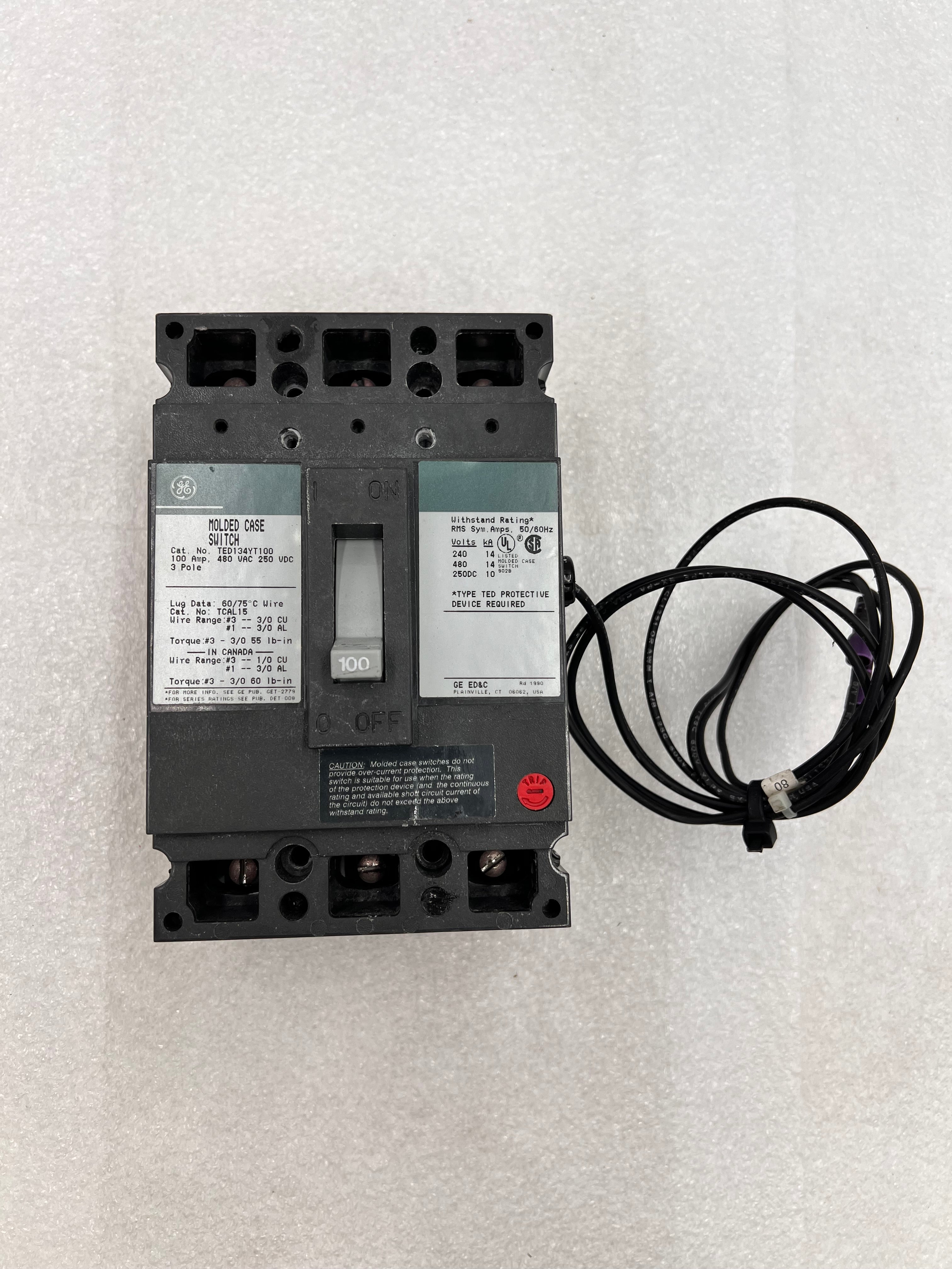 GE General Electric TED134YT100 3 Pole 100A 480VAC Type TED Circuit Br