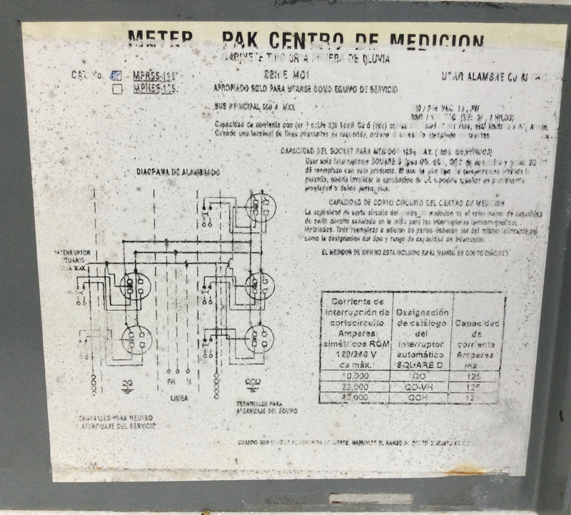 Square D MP155125 500 Amp 240V 1 PH 3 Wire Main Lug MP Meter Pack/Panel Box