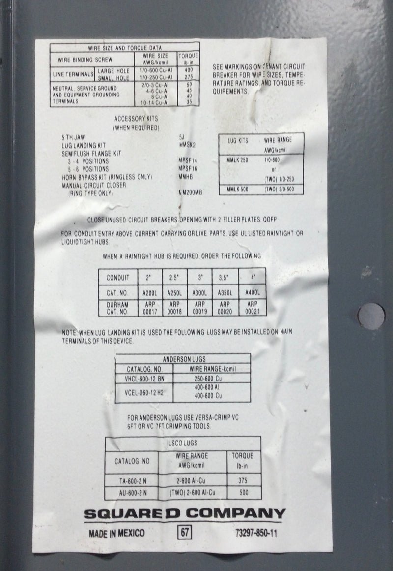 Square D MP155125 500 Amp 240V 1 PH 3 Wire Main Lug MP Meter Pack/Panel Box