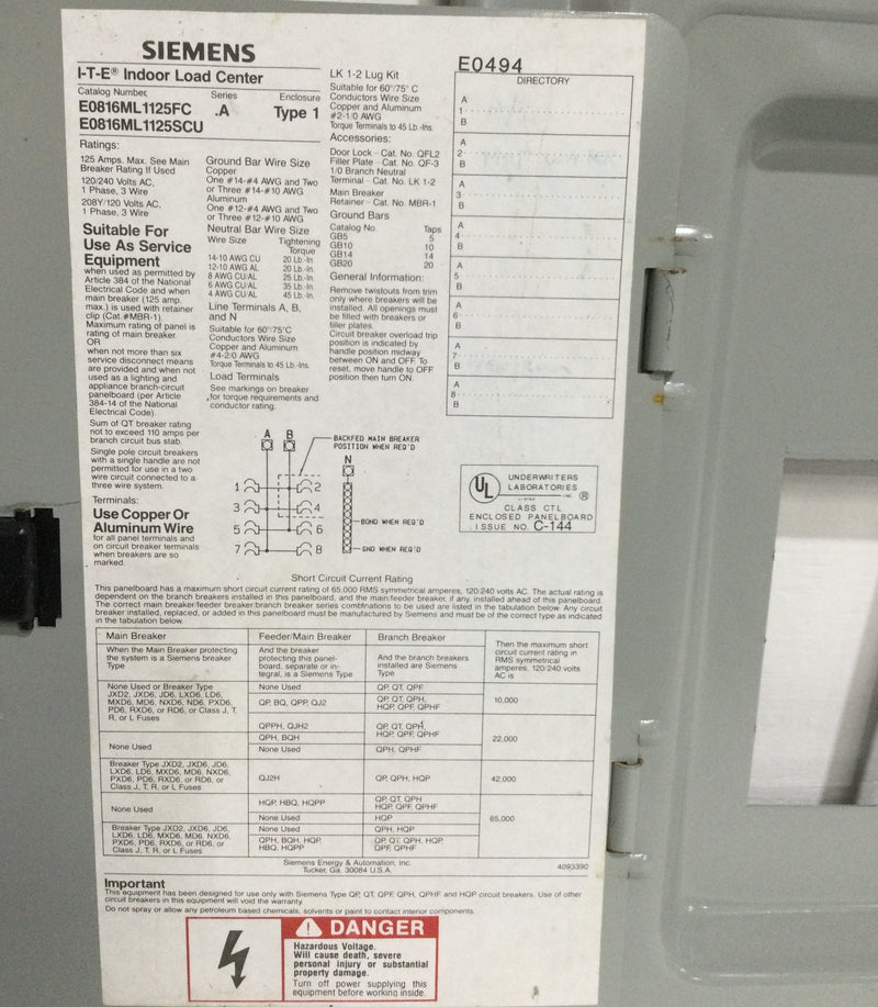 Siemens ITE EO816ML1125FC/1125SCU Cover/Door Only Series A Type 1 8 Space 125 Amp 120/240V 15" x 12 1/2"
