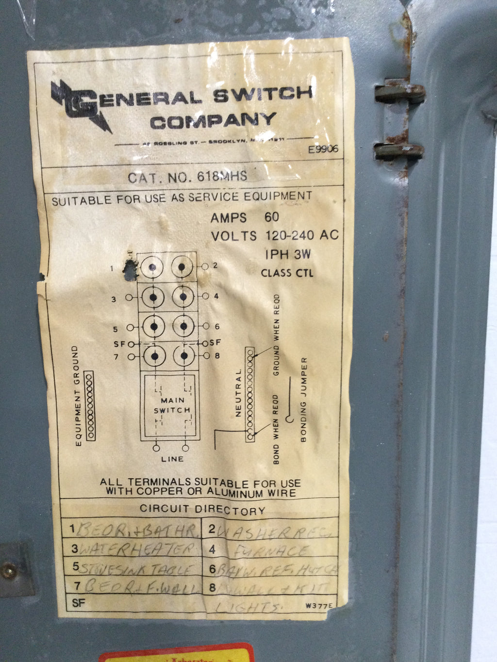 Main General Switch General Switch Company 618MHS 60 Amps 120/240V 1 Phase 3 Wire Panel Co