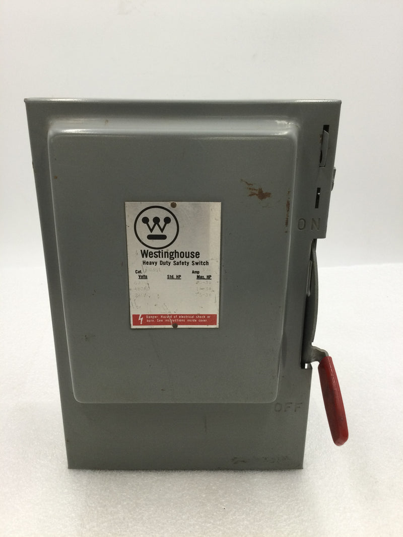 Westinghouse HU361 30 Amp 600v 3 Pole Non-Fusible Nema1 Indoor H.D. Safety Switch