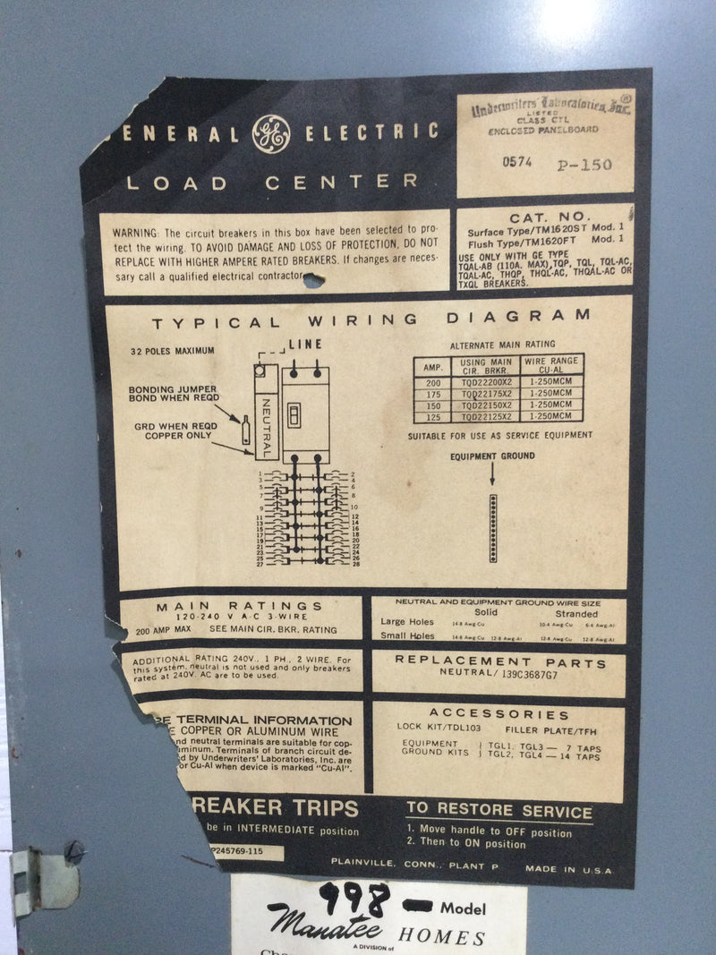 GE TM1620ST 200 Amp 16 Space 120/240V Panel Door w/Main 28 1/8" x 13 7/8"