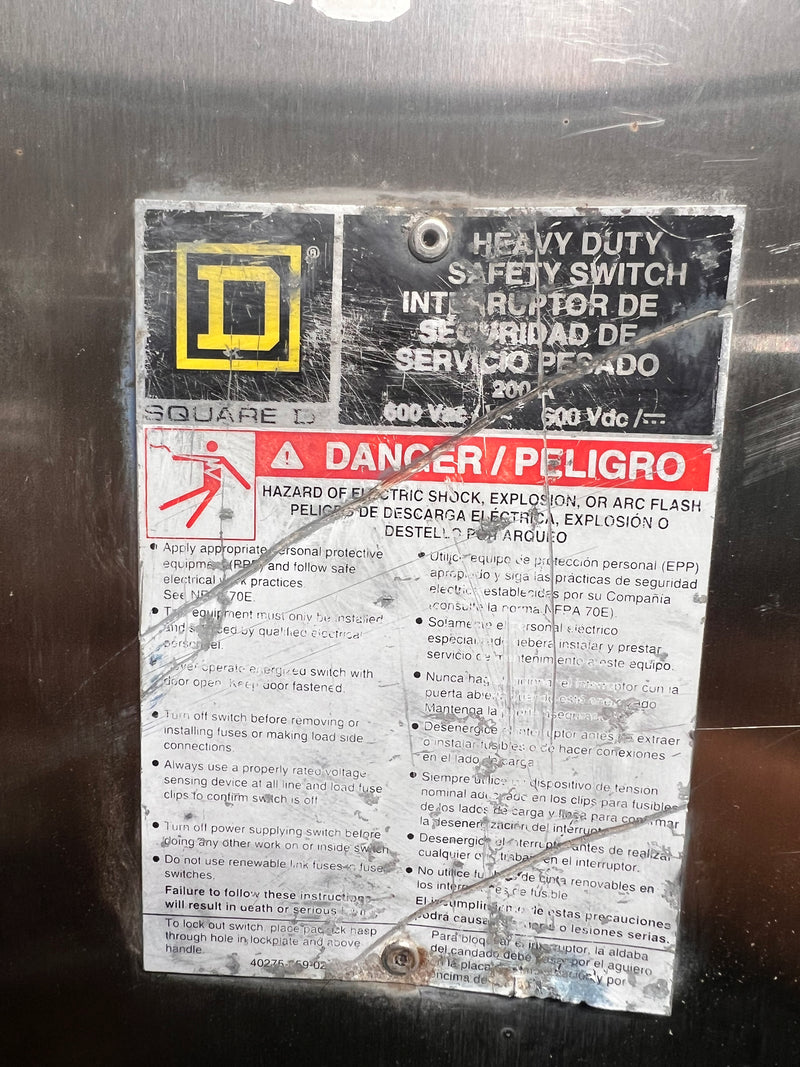 Square D HU364DS Heavy Duty Stainless Steel Non-Fusible Safety Switch 200 Amp 600V 3Ph NEMA 3R