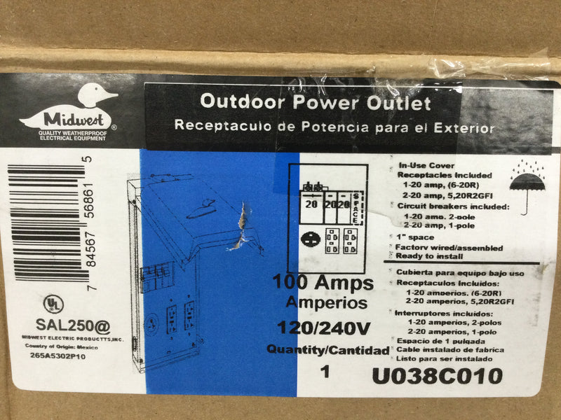 Midwest U038C010 -  100 AMP, 240 V, 4 space 4 Circuit,  temporary power outlet