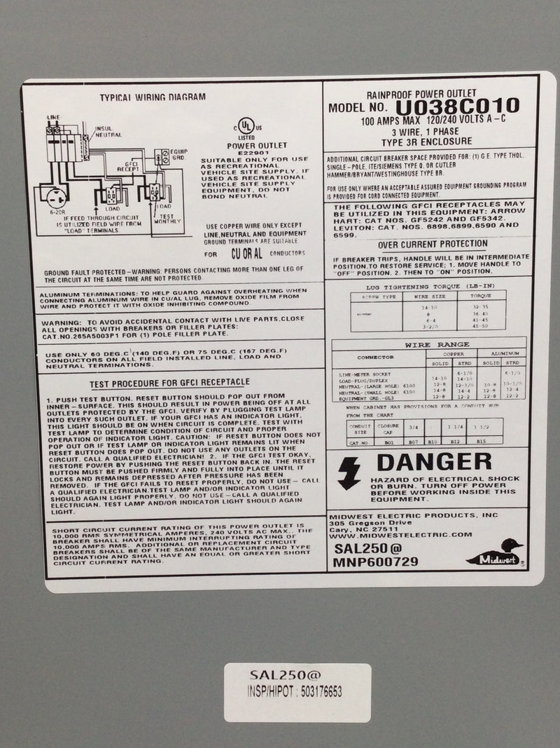 Midwest U038C010 -  100 AMP, 240 V, 4 space 4 Circuit,  temporary power outlet