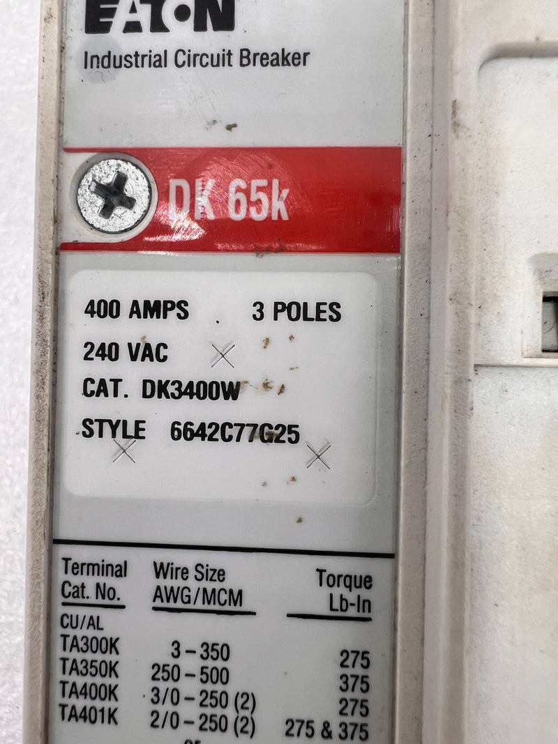 Eaton/Cutler-Hammer DK3400W 3 Pole 400 Amp Trip KT3350T DK 65k Circuit Breaker