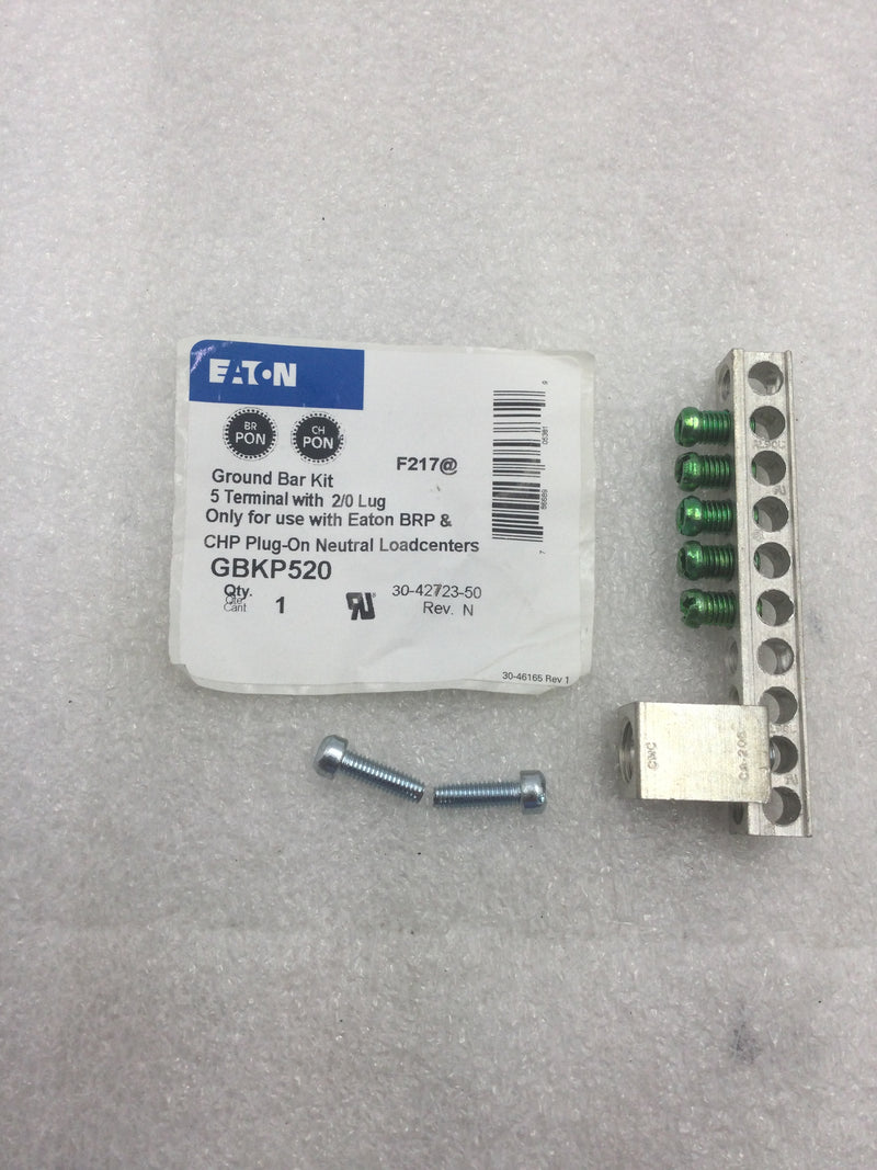 Eaton GBKP520 5 Terminal Ground Bar Kit w/2/0 Lug for Eaton BRP & CHP Plug-On Neutral Loadcenters