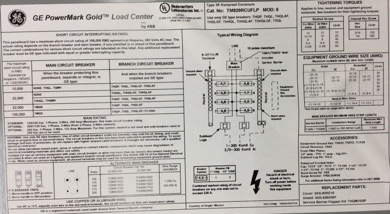 General Electric TM820RCUFLP 200A 8 Space 120/240V Panel Cover 28 7/8" x 12 7/8"