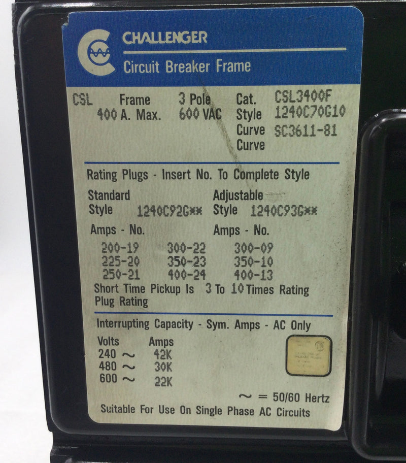 Challenger CSL3400F 400 Amp 3 Pole 600 Volt Circuit Breaker